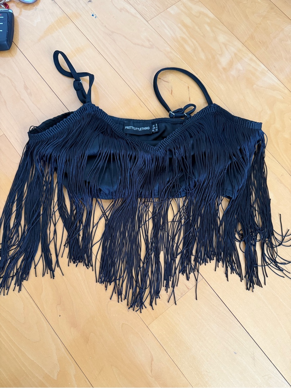 PrettyLittleThing Black Fringe Crop Top